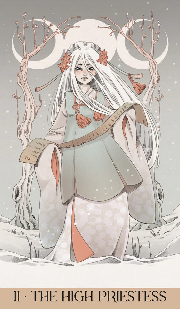 Illustration of 'The High Priestess' Card II from the Yokaia Tarot, featuring a figure with white hair and a long dress in a snowy landscape.