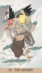Card IX - The Hermit from the Yokai Tarot. A man with a walking stick and lantern heading down a snowy mountain.