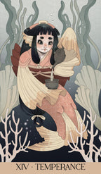 Illustration of a character in a tarot card style, with text 'XIV Temperance' at the bottom.