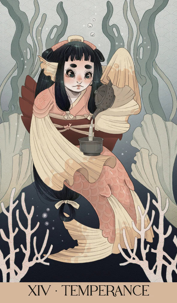 Illustration of a character in a tarot card style, with text 'XIV Temperance' at the bottom.