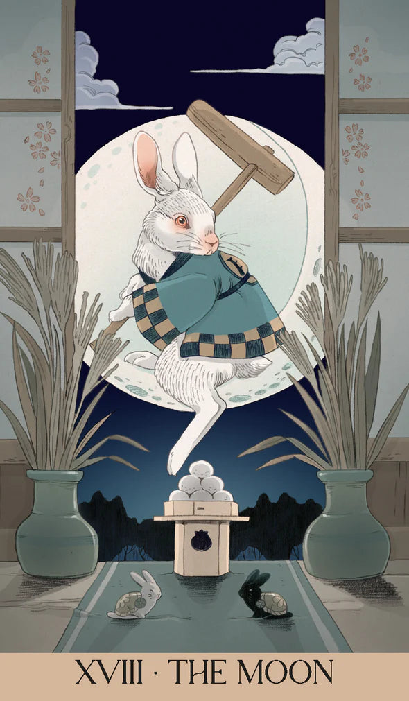 The Moon Card XVIII - from the Yokai Tarot. A rabbit floats in front of the moon as viewed from a window.