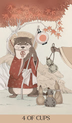 Card featuring an otter in a red outfit under a tree with autumn leaves, labeled '4 of Cups' from the Yokai Tarot.