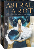 Astral Tarot card box with a figure holding a celestial sphere and text on a dark background
