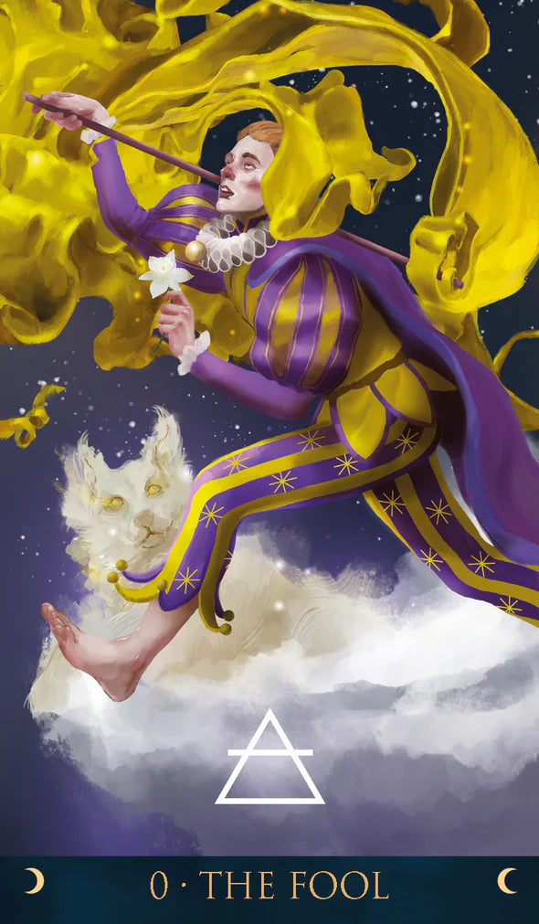 Tarot card featuring 'The Fool' with a person in purple and gold attire holding a staff and star, with a white wolf and yellow flames on a dark background.