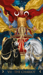 Tarot card featuring a figure in a chariot with two horses against a starry sky.