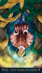 Tarot card 'The Hanged Man' with a colorful background