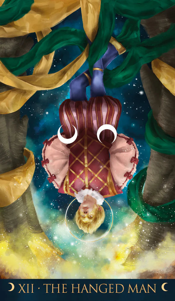 Tarot card 'The Hanged Man' with a colorful background