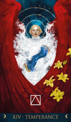 Tarot card titled 'Temperance' with a central figure, red wings, and yellow flowers.