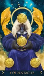 Card from a tarot deck featuring a monkey-like figure with pentacle symbols and gold wings against a starry background.