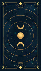 Decorative design with gold crescent moons and circles on a dark blue background with stars.
