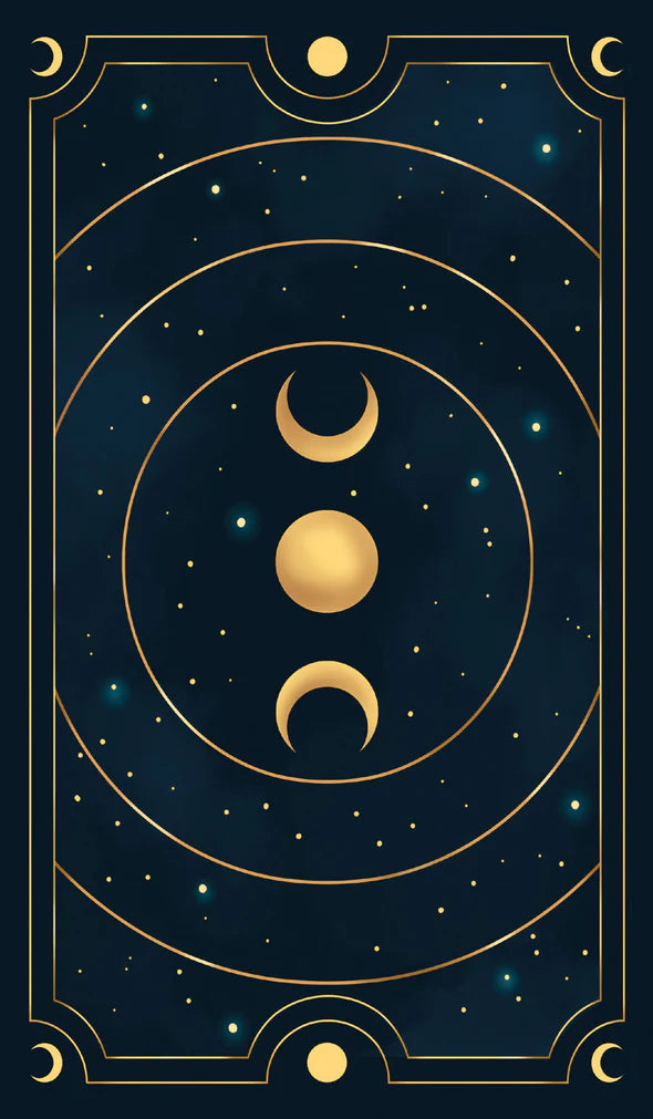 Decorative design with gold crescent moons and circles on a dark blue background with stars.