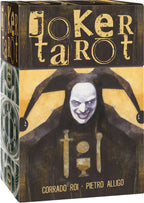 Gothic-style tarot card box with a jester design and text on a black background
