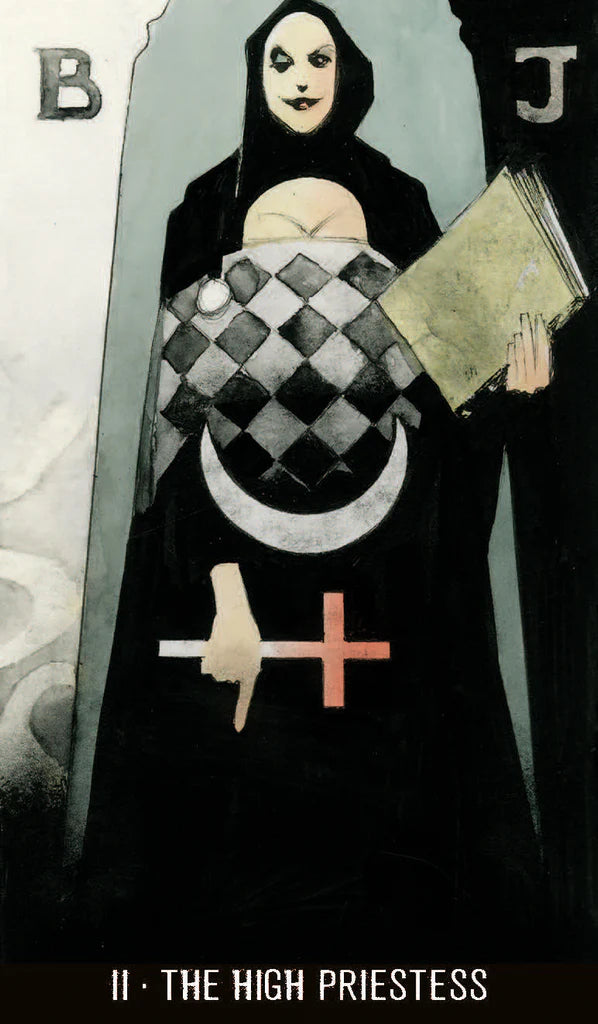 Tarot card featuring 'The High Priestess' with a hooded figure holding a book and a checkered cloth.