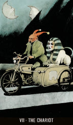 Illustration of a man and a sphinx riding a motorcycle with sidecar against a dark background.