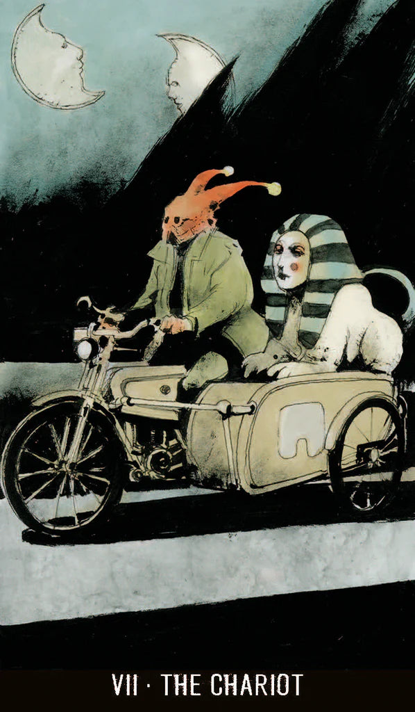 Illustration of a man and a sphinx riding a motorcycle with sidecar against a dark background.