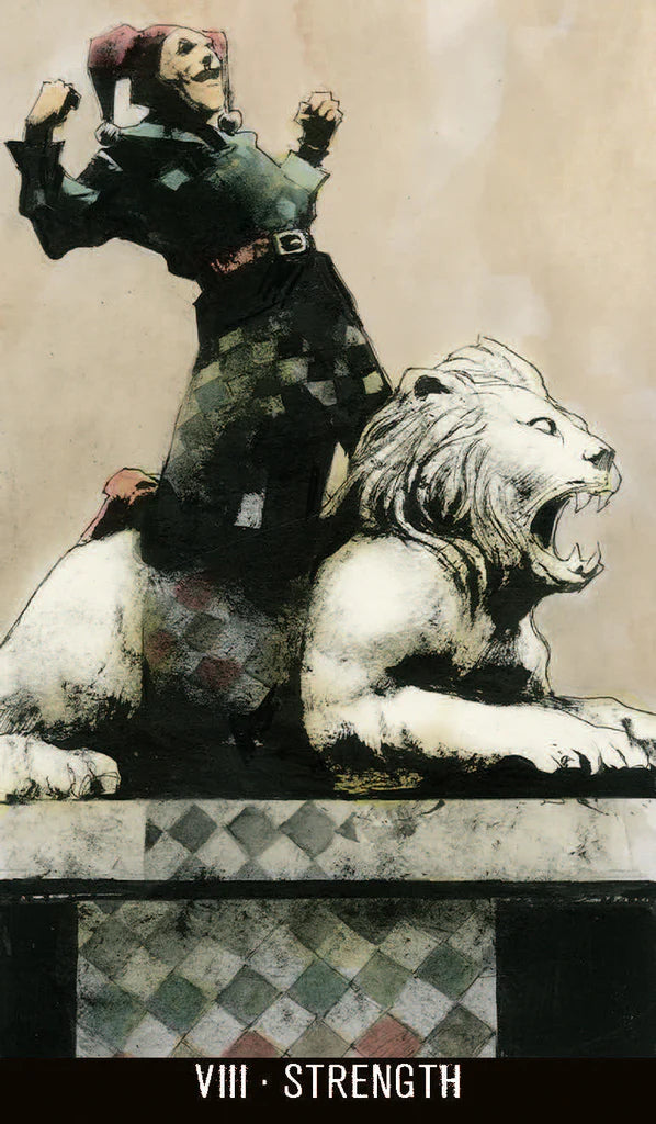 Statue of a person riding a lion with a checkered pattern, labeled 'VIII - Strength'.