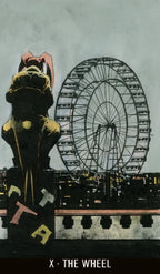 Illustration of a person with a mask and text, Ferris wheel in the background