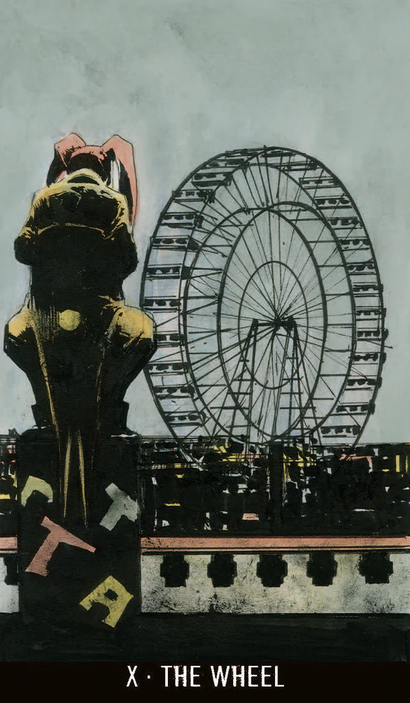 Illustration of a person with a mask and text, Ferris wheel in the background