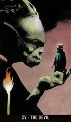 Card featuring 'The Devil' from a tarot deck with a large creature and small figure on a dark background.