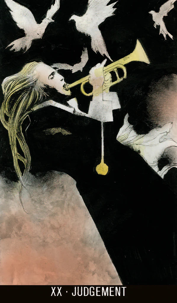 Artistic depiction of a tarot card titled 'Judgment' with a woman playing a trumpet and doves.