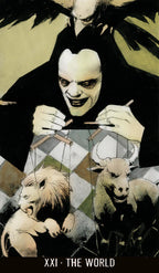 Illustration of a tarot card titled 'The World' with a figure controlling marionettes.