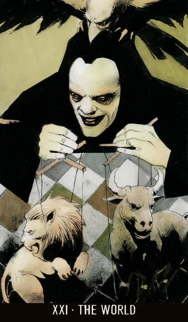 Illustration of a tarot card titled 'The World' with a figure controlling marionettes.