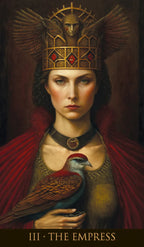 Artistic depiction of 'The Empress' from a tarot card series, featuring a woman in regal attire with a dove.