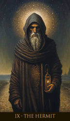 Card featuring a hooded figure holding a lantern with a starry background, labeled 'The Hermit'.