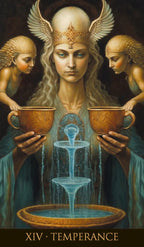 Artistic depiction of a central figure with wings holding two bowls, with water flowing into a basin below, labeled 'XIV Temperance'.
