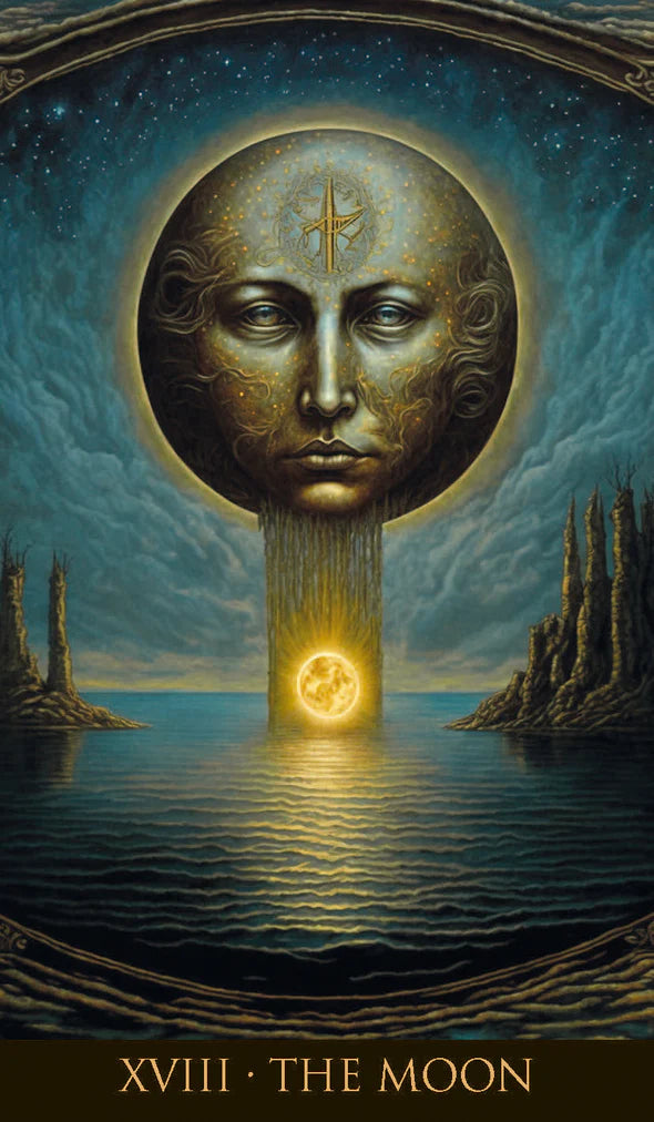 Artistic depiction of 'The Moon' card from a tarot deck, featuring a face within a moon symbol over water.