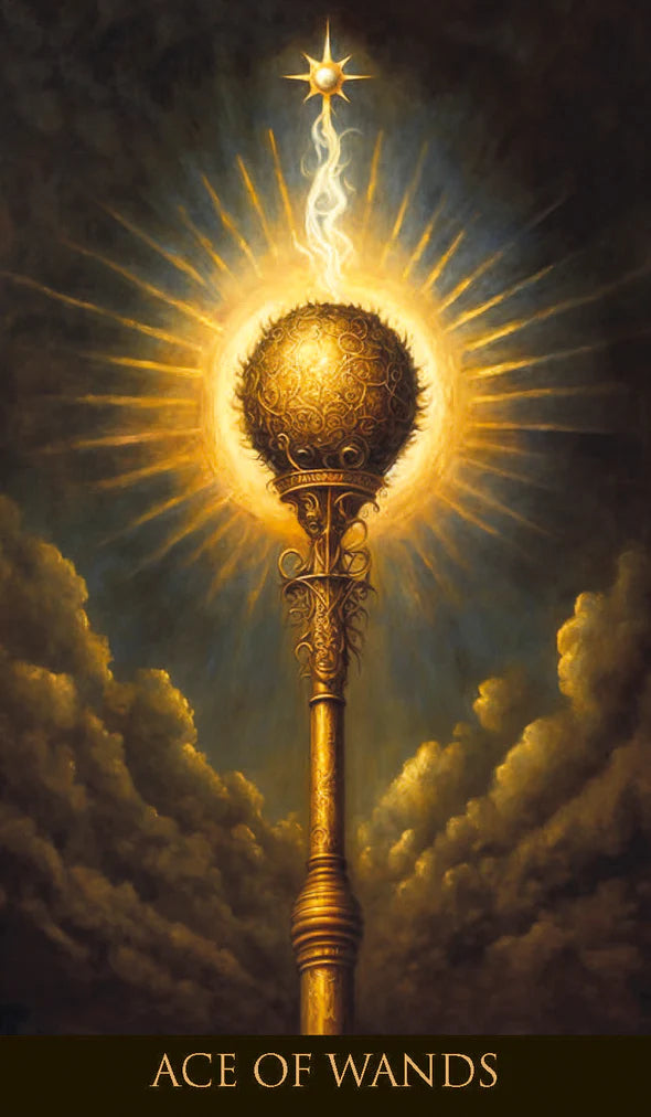Ace of Wands tarot card with a golden sphere and staff against a cloudy sky - Ace of Wands