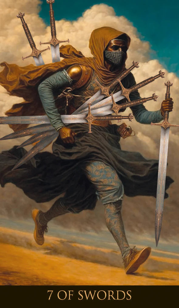 Artistic depiction of a warrior with multiple swords against a cloudy sky. Seven of Swords