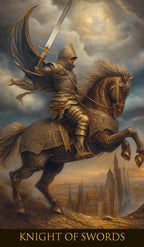 Knight in armor on a horse with a sword, against a cloudy sky with a castle in the background. Knight of Swords 