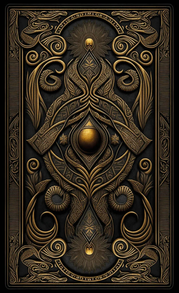 Decorative book cover with intricate gold and brown designs on a black background
