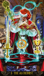 Card featuring 'The Alchemist' with a figure in red robes reading a book, surrounded by mystical symbols.