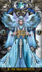 Fairy-like figure in a blue dress holding a book, with intricate details and a decorative background.