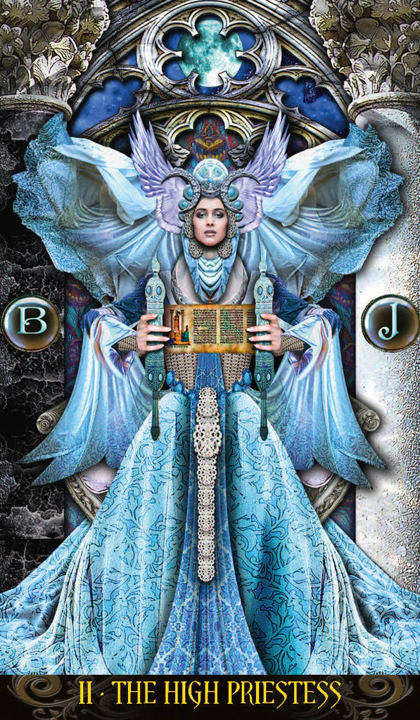 Fairy-like figure in a blue dress holding a book, with intricate details and a decorative background.