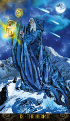 Figure in a blue robe with a staff and lantern on a snowy mountain under a starry sky.