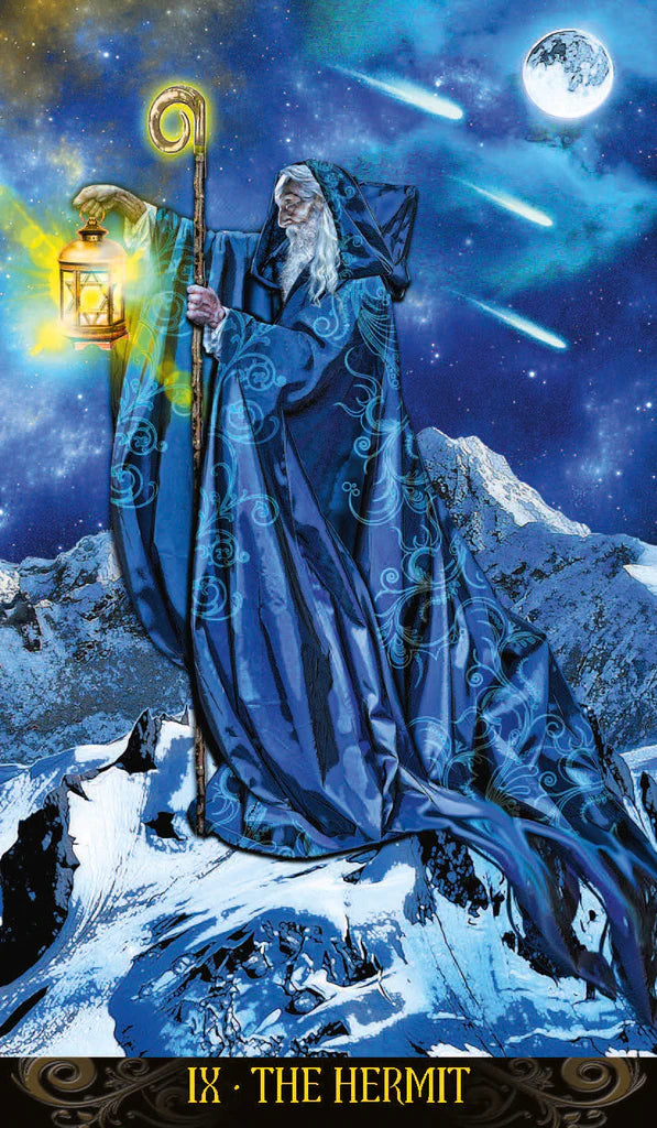 Figure in a blue robe with a staff and lantern on a snowy mountain under a starry sky.