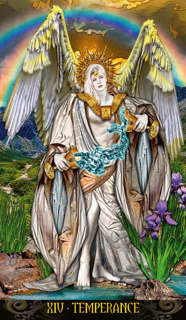 Decorative card featuring an angel with wings, rainbow, and nature elements