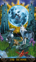 Tarot card featuring two wolves, a moon, and castle-like structures with a mystical atmosphere.