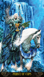 Elven prince with a white horse in front of a waterfall, holding a cup and a branch, with 'Prince of Cups' text at the bottom.