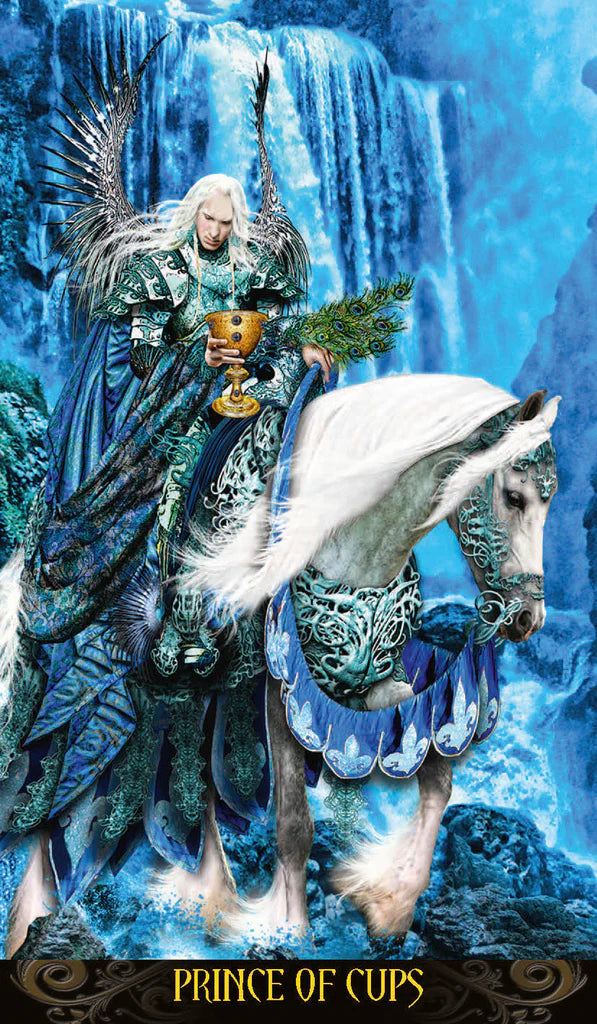 Elven prince with a white horse in front of a waterfall, holding a cup and a branch, with 'Prince of Cups' text at the bottom.