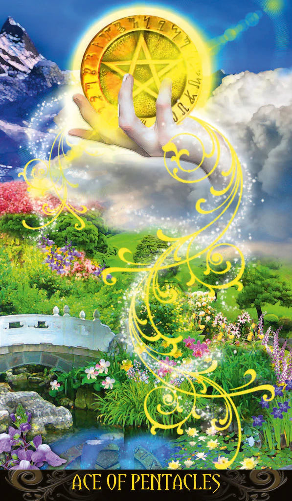 Ace of Pentacles card from a tarot deck with a colorful landscape and pentacle symbol.