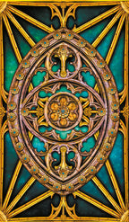 Decorative metal panel with intricate gold and bronze design on a teal background