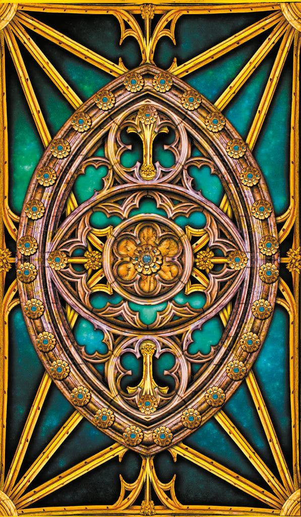 Decorative metal panel with intricate gold and bronze design on a teal background