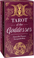Tarot of the Goddesses packaging with gold designs and text on a purple background