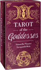 Tarot of the Goddesses packaging with gold designs and text on a purple background