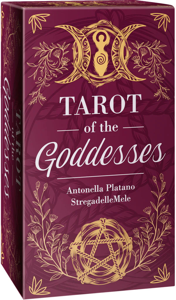 Tarot of the Goddesses packaging with gold designs and text on a purple background