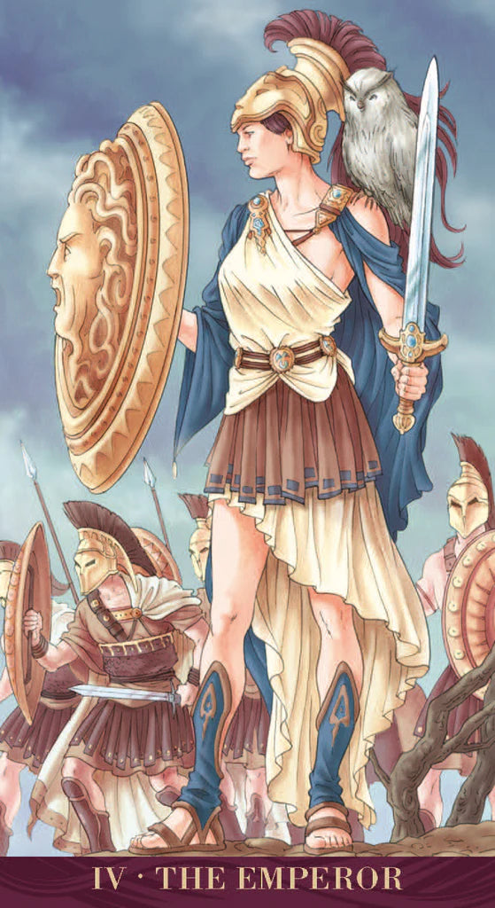Illustration of a warrior figure with a shield, sword, and owl, surrounded by soldiers, against a cloudy sky.